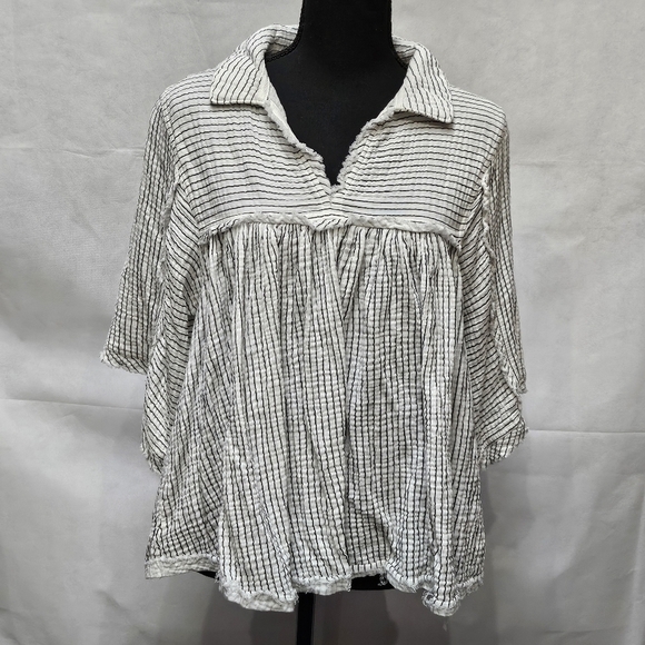 Ces Femme Empire Waist Raw Edge Hem 100% Cotton Stripped Shirt Size L - Picture 1 of 8